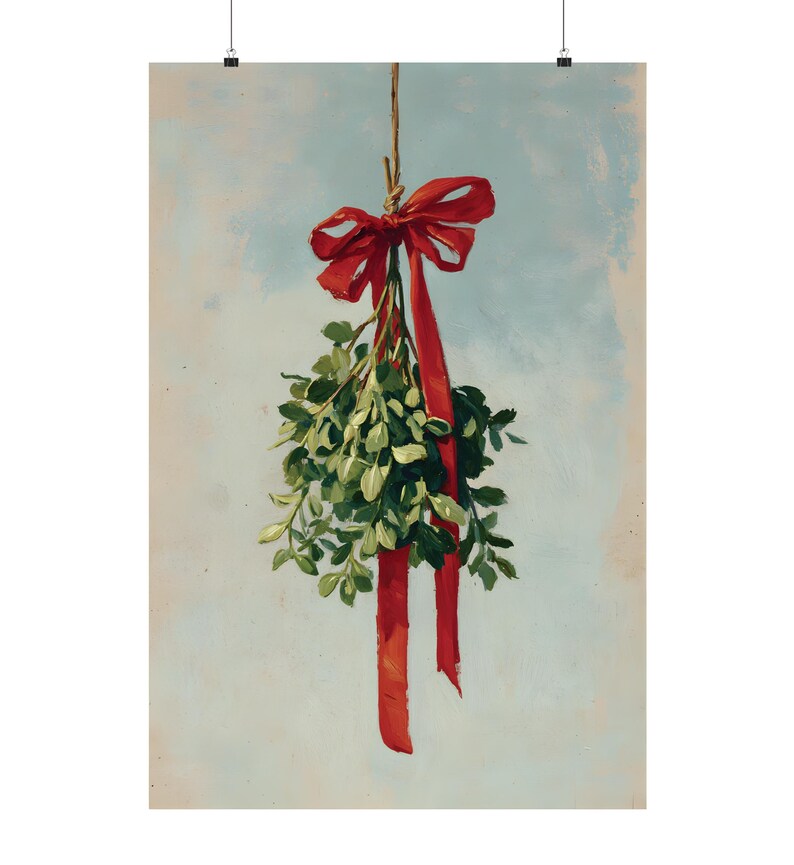 May include: A print of a sprig of mistletoe with green leaves and a bright red ribbon tied in a bow. The ribbon hangs down, and the background is a light blue with white brushstrokes.