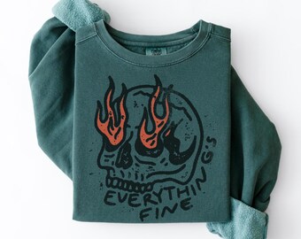 Everything Is Fine Sweatshirt, Grunge Retro Skull Graphic Sweater