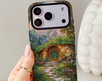 Funda para teléfono con diseño de pueblo de fantasía de Shire, estilo cottagecore con vidrieras para iPhone, Samsung, Pixel, funda para teléfono con temática literaria, funda MagSafe para iPhone.