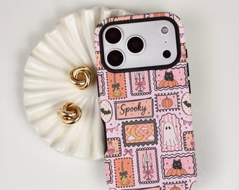 Pink Spooky Halloween Phone Case, Ghost Pumpkin Bat Patchwork iPhone MagSafe Compatible, Samsung, and Pixel Tough Cell Phone Cover