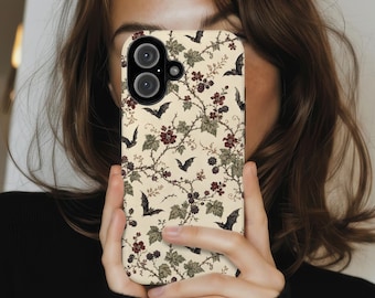 Vintage Floral Bat Phone Case, Gothic Botanical iPhone Case, Dark Cottagecore MagSafe, Halloween Aesthetic, Moody Nature Gift