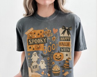 Cute Halloween Shirt, Vintage Halloween T-Shirt, Spooky Season Tee, Pumpkin Ghost Shirt, Fall Graphic Tee, Halloween Shirt for Women