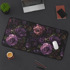 Dark Moody Peonies Desk Mat Gothic Flowers Mouse Pad Anti-slip Deskpad Dark Purple Floral Home Office Desk Decor Keyboard Mat, Gift for Wife 23.6"×13.8"