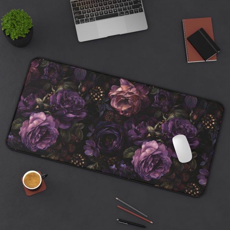 Dark Moody Peonies Desk Mat Gothic Flowers Mouse Pad Anti-slip Deskpad Dark Purple Floral Home Office Desk Decor Keyboard Mat, Gift for Wife 23.6"×13.8"