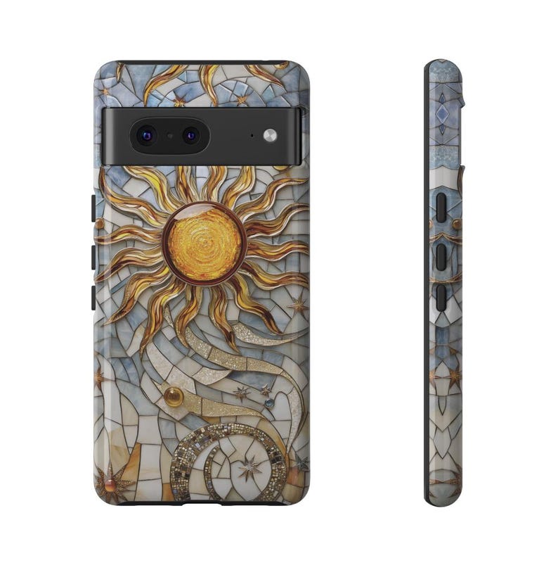 May include: A phone case with a mosaic design featuring a sun with a yellow center and gold rays. The background is a light blue and white mosaic with gold accents.