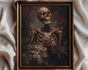 Funny Gothic Skeleton Bathroom Wall Art, Creepy Restroom Humor Poster, Dark Academia Vintage Print, Toilet Art - UNFRAMED
