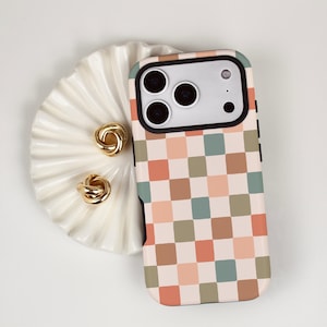 Personalized Retro Aesthetic Plaid Phone Case, Fall Checkered iPhone MagSafe Compatible Cover, Preppy Soft Girl Accessory Gift image 1