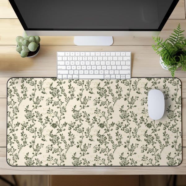 Alfombrilla de escritorio botánica, alfombrilla de escritorio de estilo vintage con estampado floral verde salvia, alfombrilla de ratón extragrande y alfombrilla de teclado verde, regalo de decoración para el escritorio de la oficina en casa.