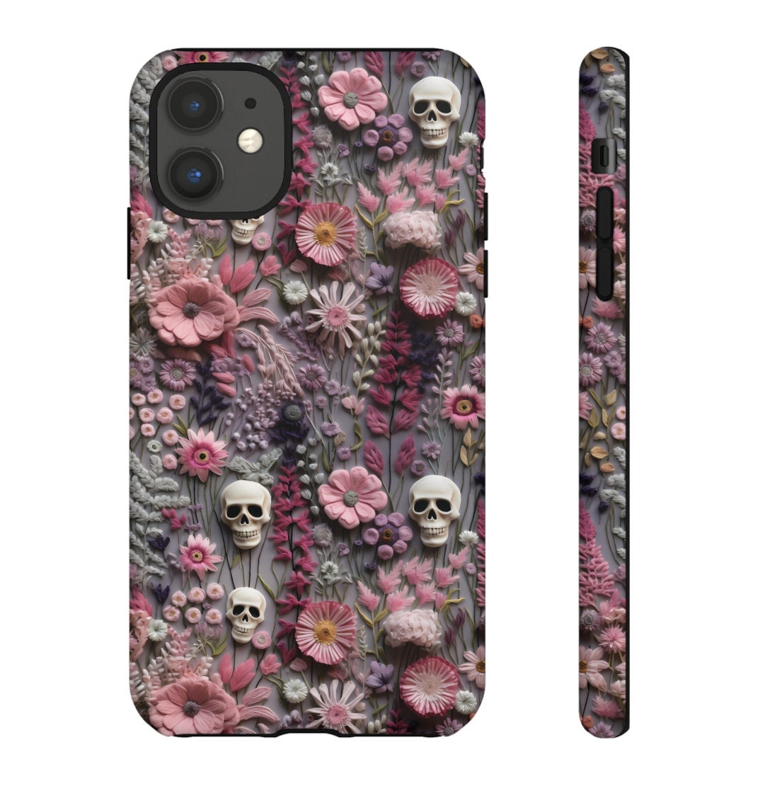 Goth Gothic Spooky Skull Embroidery Phone Case Trendy Skeleton with Wildflowers iPhone 15 14 13 12 11 8 Pro Max XS XR Pixel Samsung S23 S24+