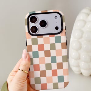 Personalized Retro Aesthetic Plaid Phone Case, Fall Checkered iPhone MagSafe Compatible Cover, Preppy Soft Girl Accessory Gift image 2