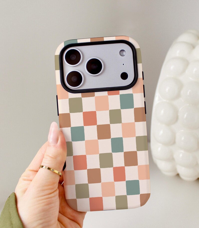 Personalized Retro Aesthetic Plaid Phone Case, Fall Checkered iPhone MagSafe Compatible Cover, Preppy Soft Girl Accessory Gift image 2