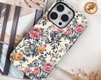 Antique Floral Toile Phone Case, Vintage Botanical iPhone Magsafe Protective Cell Phone Cover
