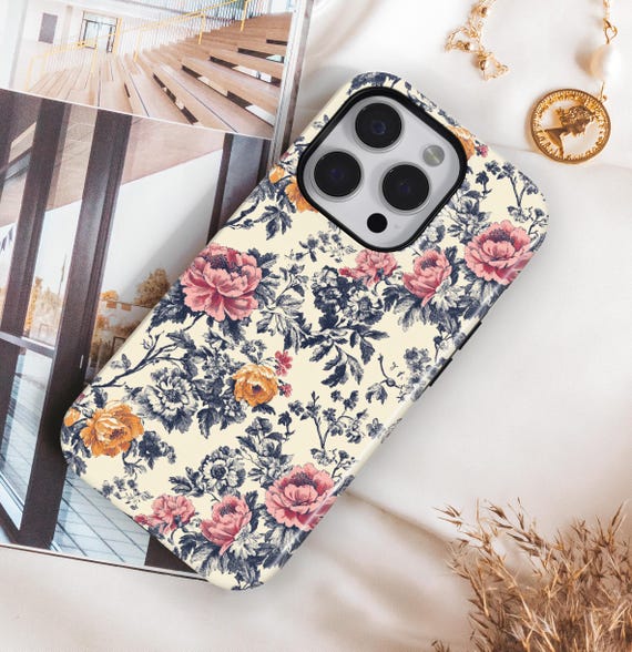 Antique Floral Toile Phone Case, Vintage Botanical iPhone Magsafe Protective Cell Phone Cover Antique Floral Toile Phone Case, Vintage Botanical iPhone Magsafe Protective Cell Phone Cover