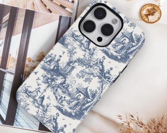 Custodia per telefono vintage francese Toile de Jouy, cover protettiva per iPhone Magsafe in stile Chinoiserie azzurra.