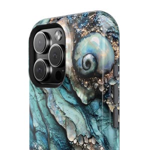 May include: A blue and green phone case with a swirling pattern reminiscent of a seashell. The case has a raised camera bump with a black trim.