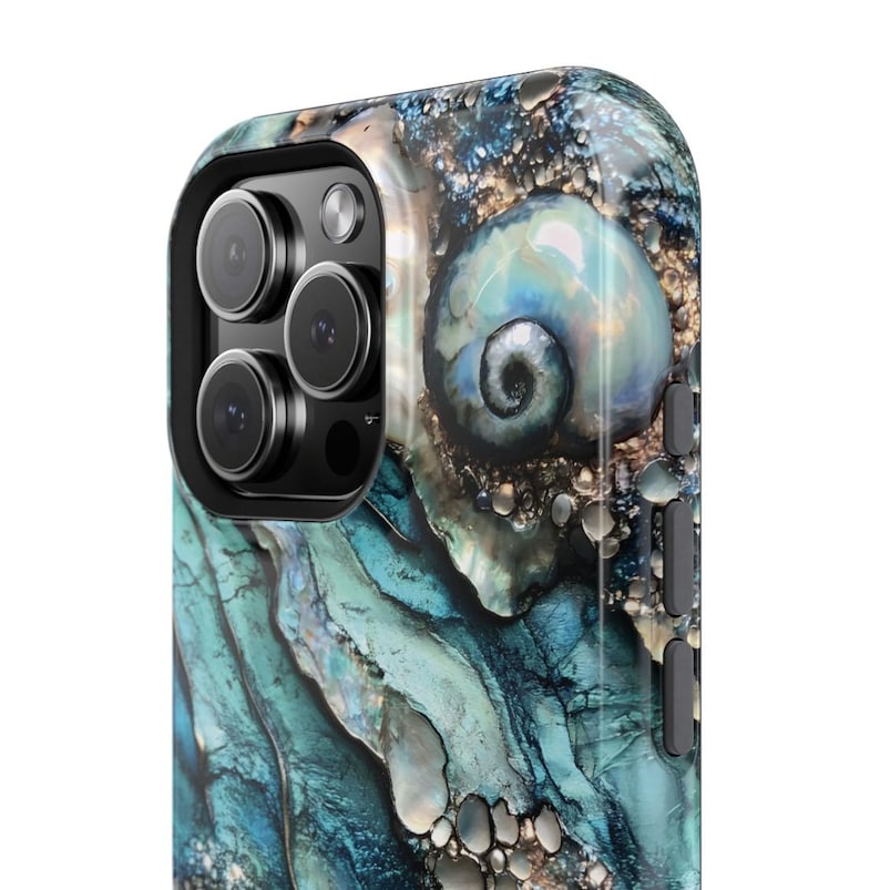 May include: A blue and green phone case with a swirling pattern reminiscent of a seashell. The case has a raised camera bump with a black trim.