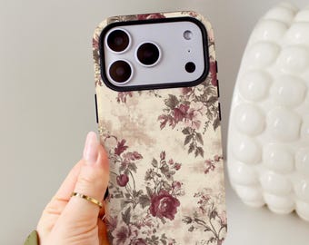 Antique Burgundy Floral Toile Phone Case, Vintage Botanical iPhone Magsafe Compatible, Samsung and Pixel Protective Cell Phone Cover