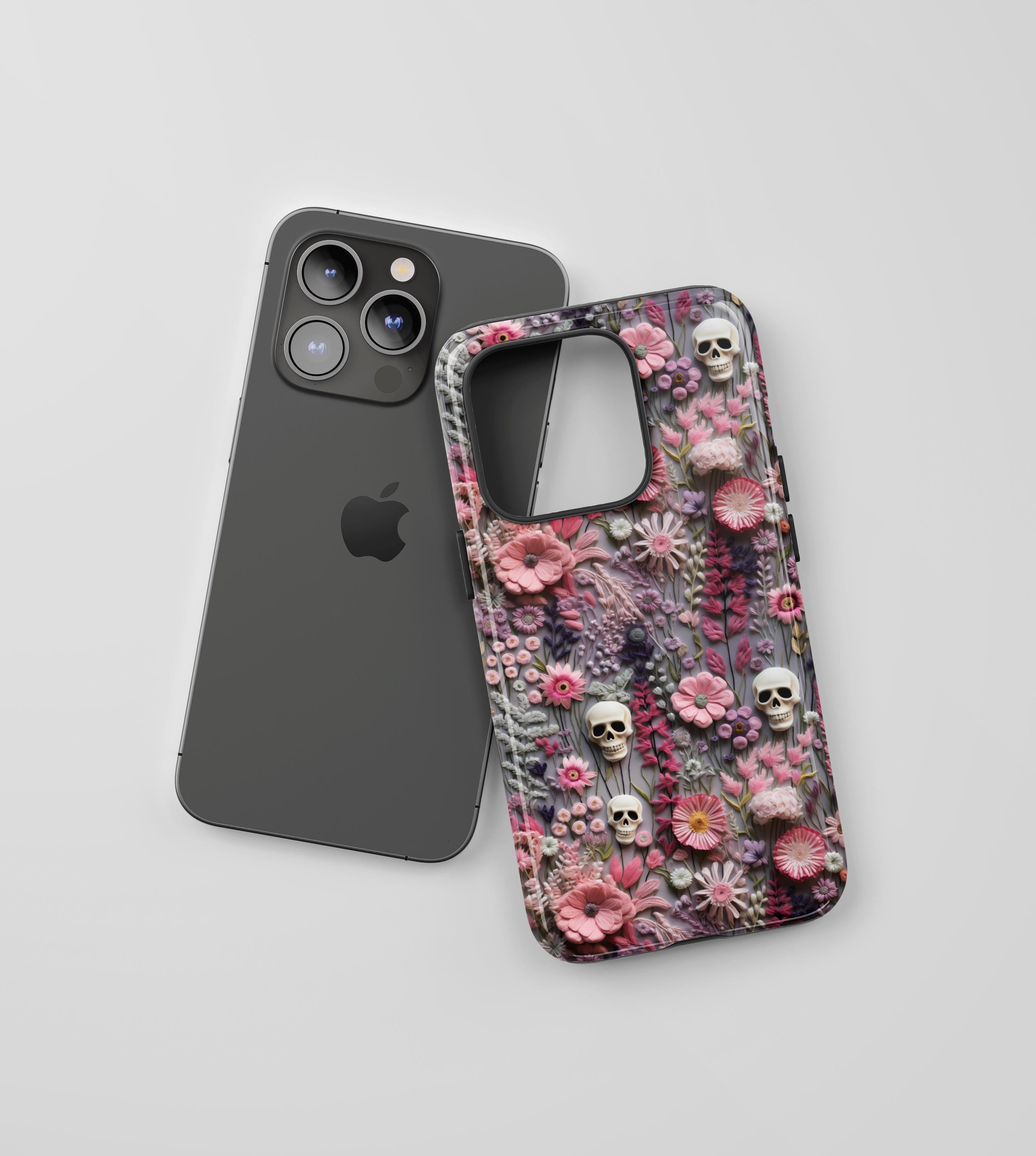 Goth Gothic Spooky Skull Embroidery Phone Case Trendy Skeleton with Wildflowers iPhone 15 14 13 12 11 8 Pro Max XS XR Pixel Samsung S23 S24+