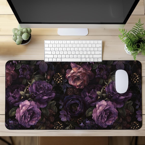 Dark Moody Peonies Desk Mat Gothic Flowers Mouse Pad Anti-slip Deskpad Dark Purple Floral Home Office Desk Decor Keyboard Mat, Gift for Wife