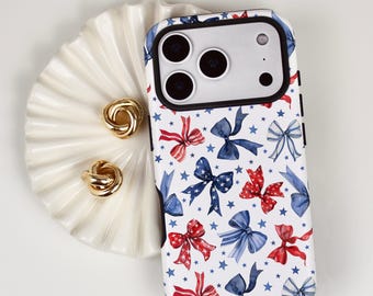 Patriotic Bow Phone Case: USA Flag, Red, White, Blue Stars 4th of July iPhone MagSafe Compatible, Samsung Pixel Tough Cell Phone Cover