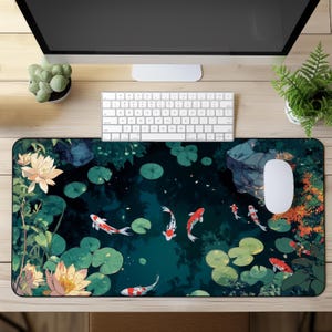 Wilde Koi Fisch Teich Schreibtischunterlage Seerosenblätter mit Lotus Anti Rutsch Matte Schreibtischunterlage Büro Matte Japanisch Chinesisches Koi Fisch Glückliches Haustier Geschenk