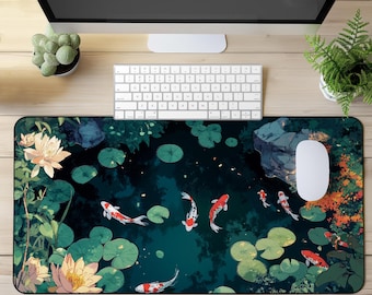 Wild Koi Fish Pond Desk Mat Water Lily Pads and Lotus Mouse Pad Anti-slip Mat Deskpad Office Mat Japanese Chinese Koi Fish Lucky Pet Gift