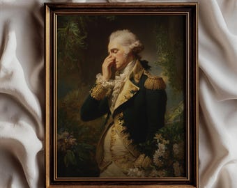May include: A framed oil painting depicting a person in an 18th-century military uniform with gold epaulets and a white cravat, holding a hand to their face. The portrait is set against a dark, lush background of foliage and white flowers.