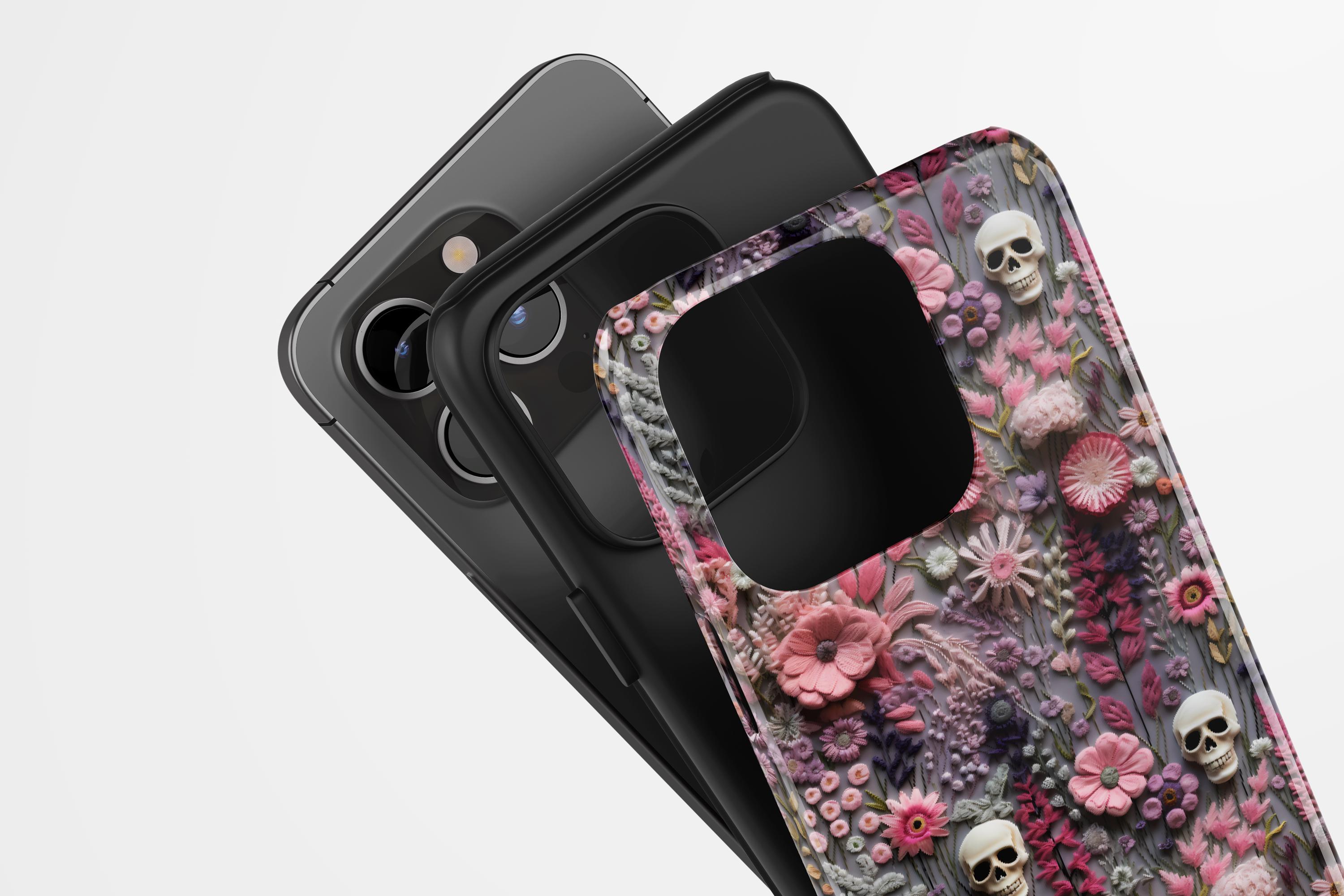 Goth Gothic Spooky Skull Embroidery Phone Case Trendy Skeleton with Wildflowers iPhone 15 14 13 12 11 8 Pro Max XS XR Pixel Samsung S23 S24+