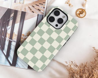 Sage Green Checkered Phone Case: Minimalist iPhone MagSafe Compatible, Samsung, Pixel Cover