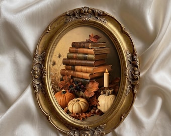 Vintage Autumn Still Life Wall Art, Pumpkin & Books Print, Dark Academia Decor, Moody Fall, Rustic Cottagecore Art, Thanksgiving Decor