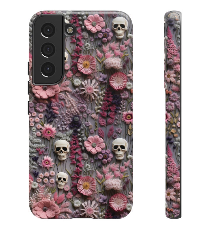 Goth Gothic Spooky Skull Embroidery Phone Case Trendy Skeleton with Wildflowers iPhone 15 14 13 12 11 8 Pro Max XS XR Pixel Samsung S23 S24+