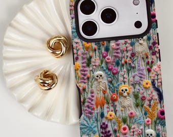 Cute Skeleton Phone Case, Floral Halloween Case, Skeletons in Bloom iPhone Cover, Colorful Flower Spooky Case, Cottagecore Gift