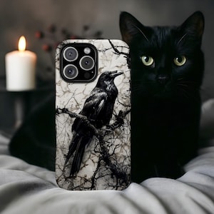 Gothic Spooky Raven Phone Case Dark Fantasy Death Raven iPhone 16 15 14 13 12 11 8 Pro Max XS XR Pixel Samsung S23 S24+ Magsafe Witchy Gift