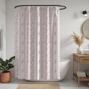 Pink Toile Floral Shower Curtain, French Country Chic Cottagecore Bath Curtain, Vintage Rose Pattern Bathroom Decor, Shabby Chic Home Style