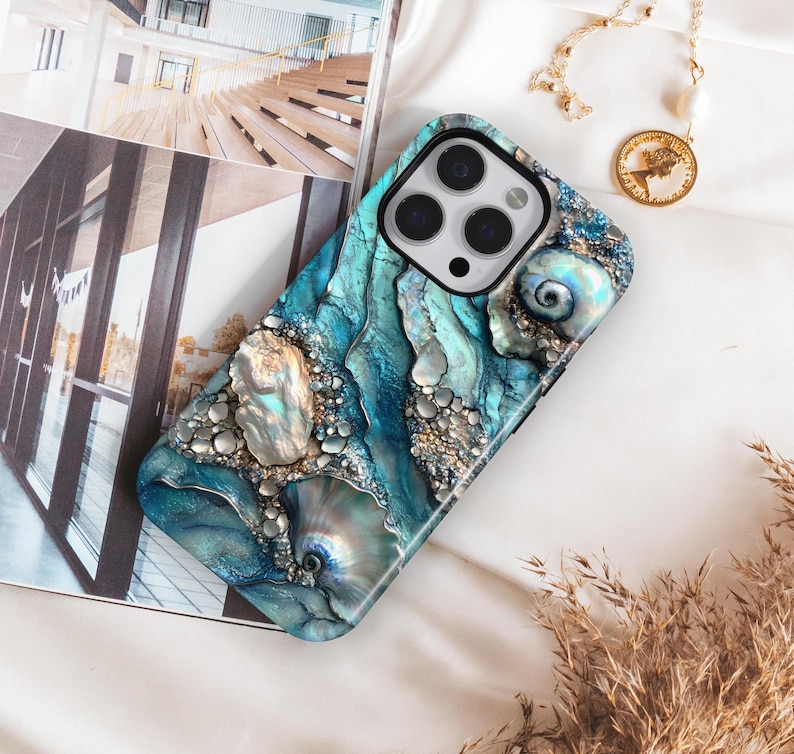 Teal Abalone Sea Shell Phone Case: Mermaidcore Samsung, Pixel - iPhone Magsafe Compatible Cell Phone Cover image 1