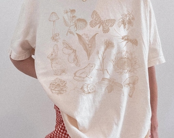 Cottagecore Nature Shirt, Vintage Botanical Tee, Mushroom Butterfly Shirt, Wildflower Graphic Tee, Nature Lover Gift for Women