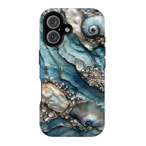 May include: A phone case with a blue and gold abstract design featuring a seashell pattern.