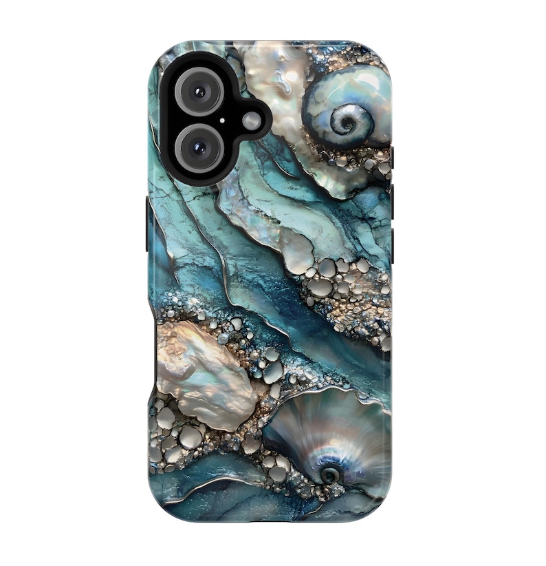 May include: A phone case with a blue and gold abstract design featuring a seashell pattern.