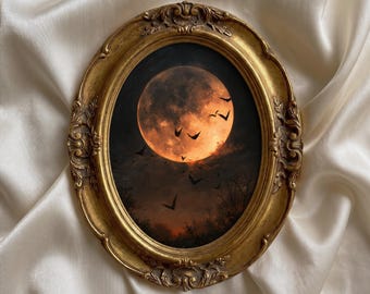 Vintage Halloween Moon Wall Art, Gothic Full Moon Print, Flying Bats Poster, Dark Academia Decor, Moody Autumn Night Art, Spooky Wall Decor