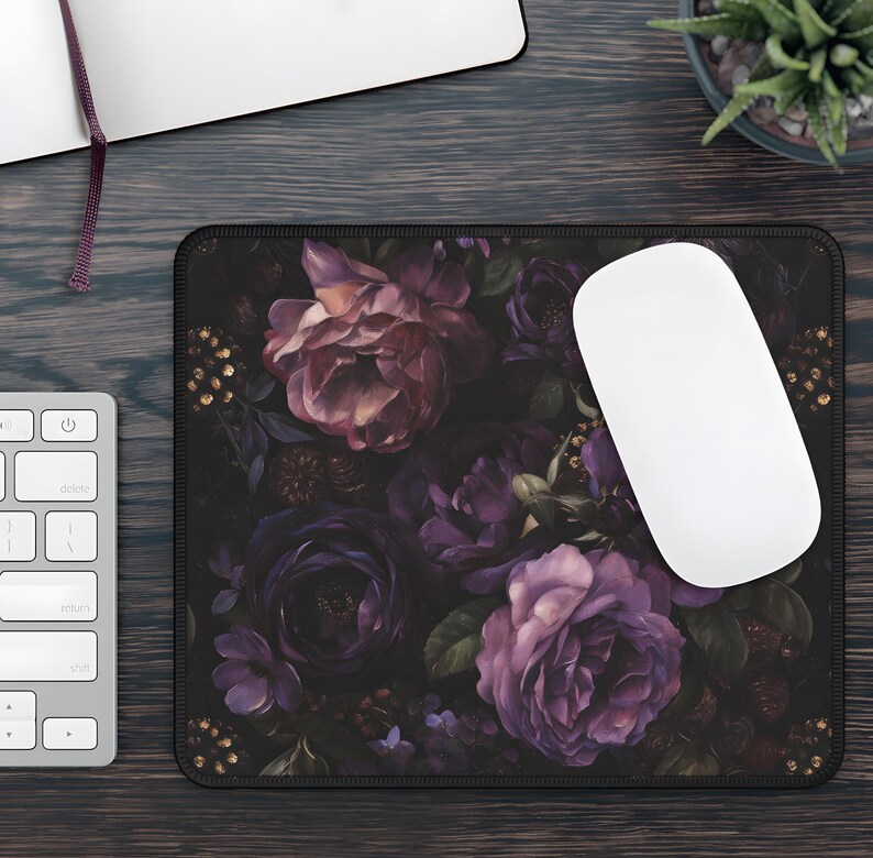 Dark Moody Peonies Desk Mat Gothic Flowers Mouse Pad Anti-slip Deskpad Dark Purple Floral Home Office Desk Decor Keyboard Mat, Gift for Wife 9"x7"
