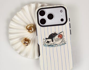 Funny Black Cat Riding Shark Phone Case, Unhinged Cat Meme iPhone MagSafe Compatible Case, Weird Gift, Cute Chaotic Animal Phone Cover