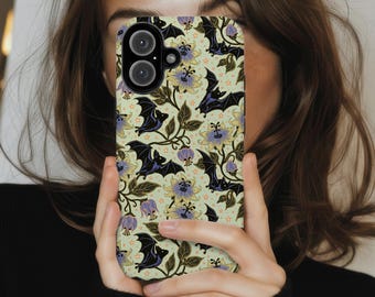 Gothic Bat Phone Case, Floral Halloween iPhone MagSafe, Vintage Witchy Phone Cover, Dark Botanical Case, Spooky Goth Gift