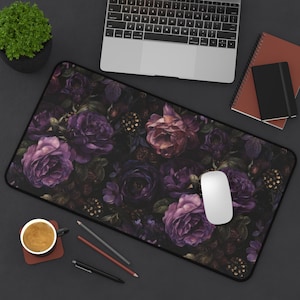 Dark Moody Peonies Desk Mat Gothic Flowers Mouse Pad Anti-slip Deskpad Dark Purple Floral Home Office Desk Decor Keyboard Mat, Gift for Wife 16" × 32"