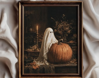 Vintage Ghost Pumpkin Wall Art, Gothic Halloween, Dark Academia Poster, Moody Autumn Decor, Antique Ghost Print, Spooky Cottagecore Art