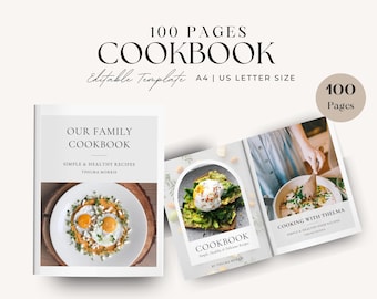 Plantilla de libro de cocina de 100 páginas, plantilla editable en Canva para un recetario moderno, plantilla de libro de cocina familiar