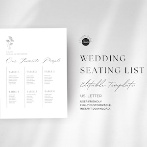 Wedding Seating Chart List, Custom Wedding Sign, Wedding Seating Assignments Canva Template, Wedding Template Seating List