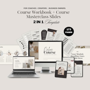 May include: A digital marketing template for coaches, creators, and business owners. The image shows a laptop, desktop computer, and tablet displaying a course workbook and masterclass slides. The template includes 173 pages.