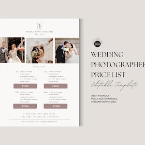 Wedding Photography Pricing List Template | Photographer Price Guide | Wedding Pricing List | Pricing Sheet | CANVA Template | Marketing