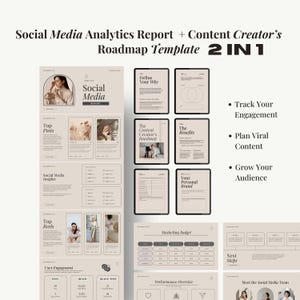 May include: A digital marketing template with a beige and white color scheme. The template includes a social media analytics report and a content creator's roadmap. The text includes "Social Media Analytics Report + Content Creator's Roadmap Template 2 IN 1".