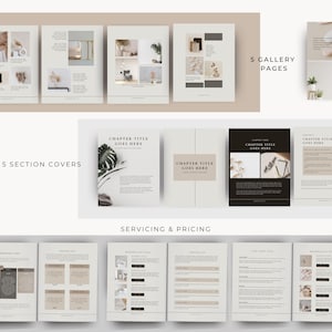 May include: A digital marketing guide with five section covers, five gallery pages, and a section on servicing and pricing. The guide features a minimalist design with a neutral colour palette of beige, white, and black. The text "CHAPTER TITLE GOES HERE" appears on several pages.